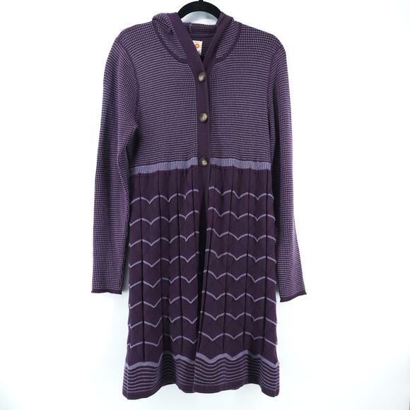Title Nine Wool Boho Whimsigoth Hood MixKnit Stripe ButtonUp Long Duster Cardi L - Picture 1 of 16